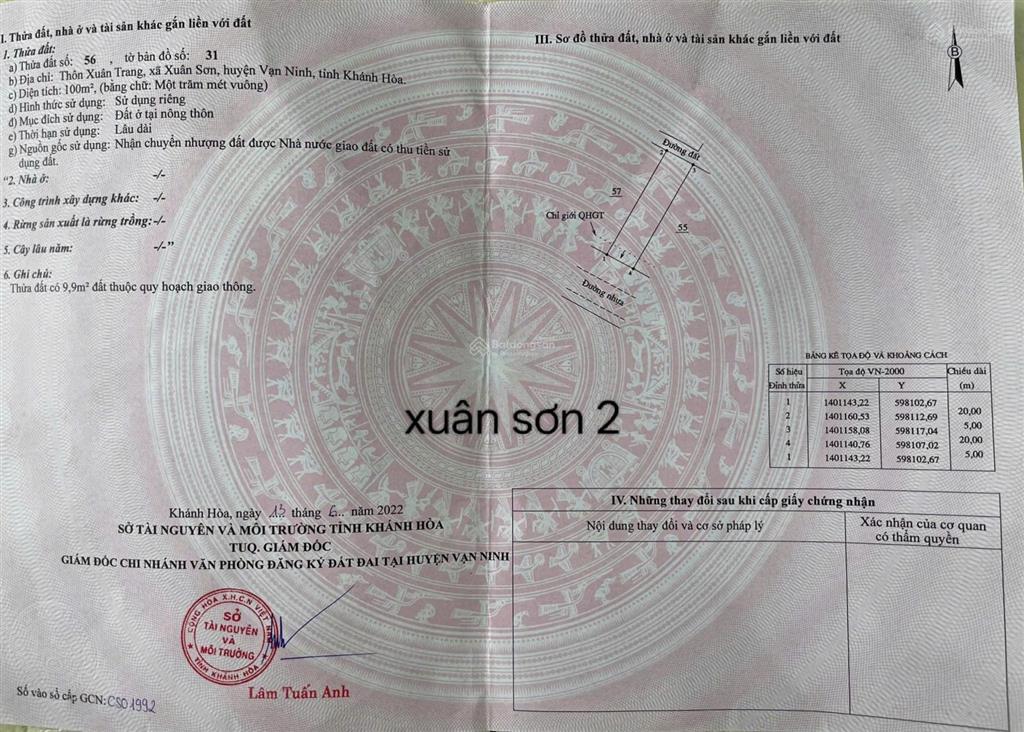 Bán đất 100m2 full thổ cư giá 900 triệu tại  chọn  xã xuân sơn huyện vạn ninh khánh hòa