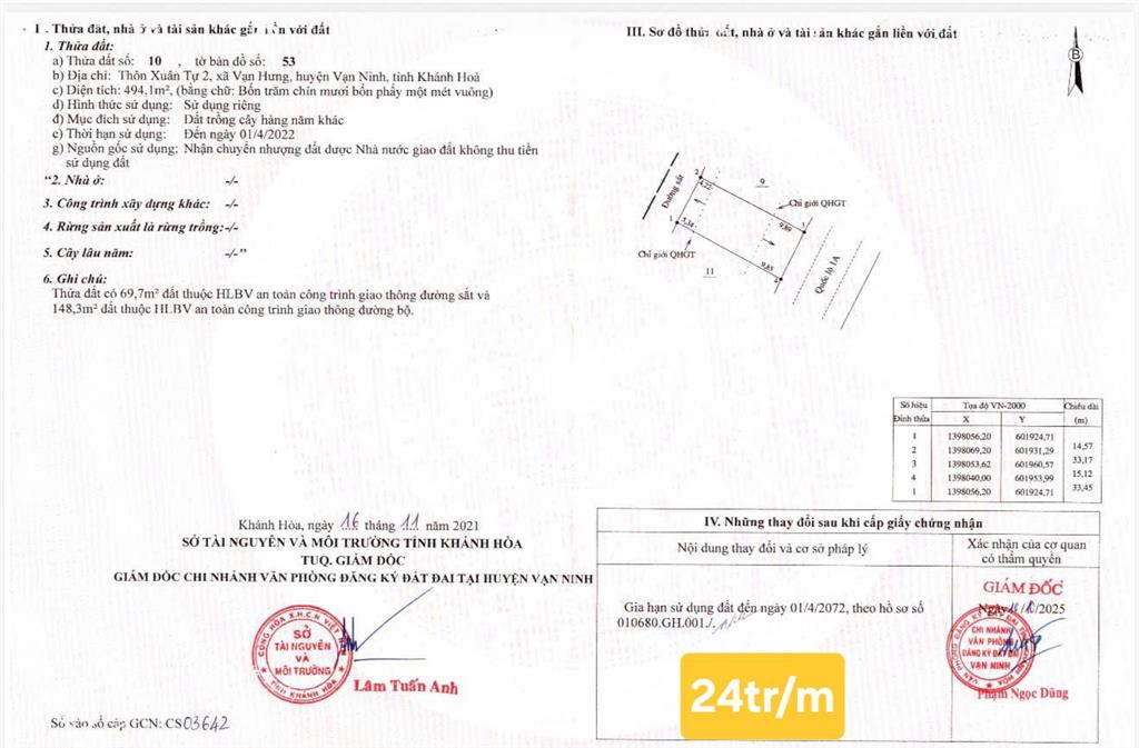 Bán đất thôn xuân tự 2, vạn hưng, vạn ninh. dt 494,1m2 ngang 15m (đất cây hàng năm).