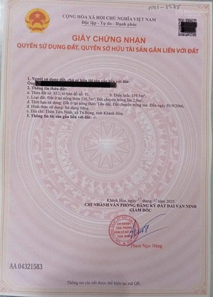 Thôn tiên ninh, xã tu bông, huyện vạn ninh. diện tích 119,7m2 (116,7m2 ont + đất trồng lúa 3,2m2)