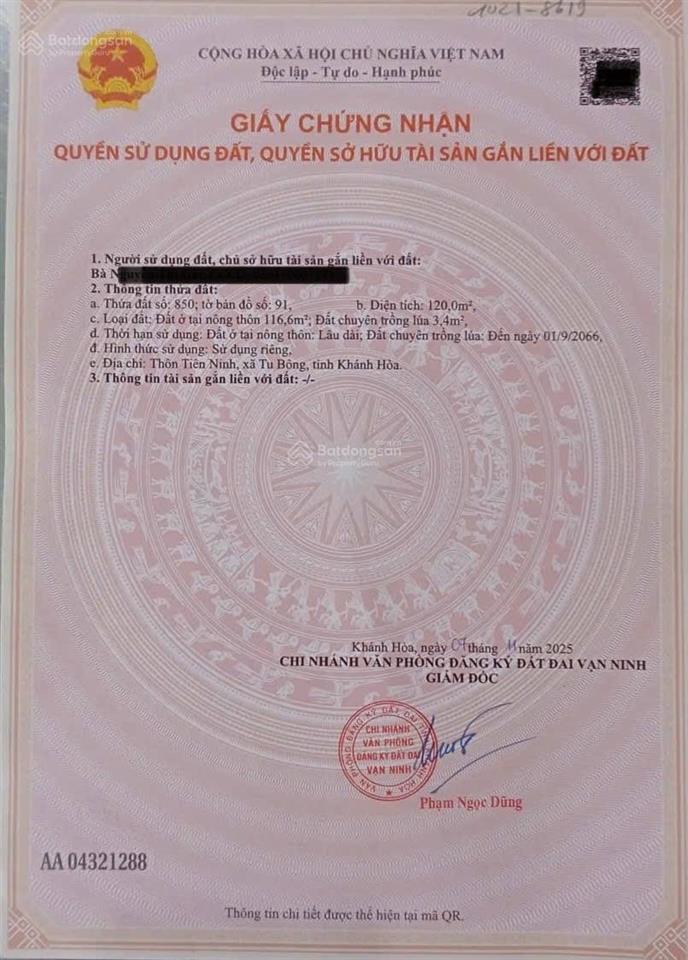 Bán đất thôn tiên ninh, xã tu bông, huyện vạn ninh, tỉnh khánh hòa ngay khu dân cư