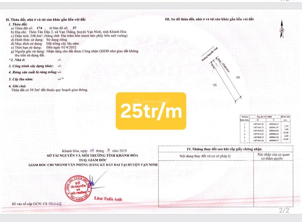Bán gấp lô đất mặt đường nguyễn huệ. tân dân 2, xã vạn thắng, huyện vạn ninh