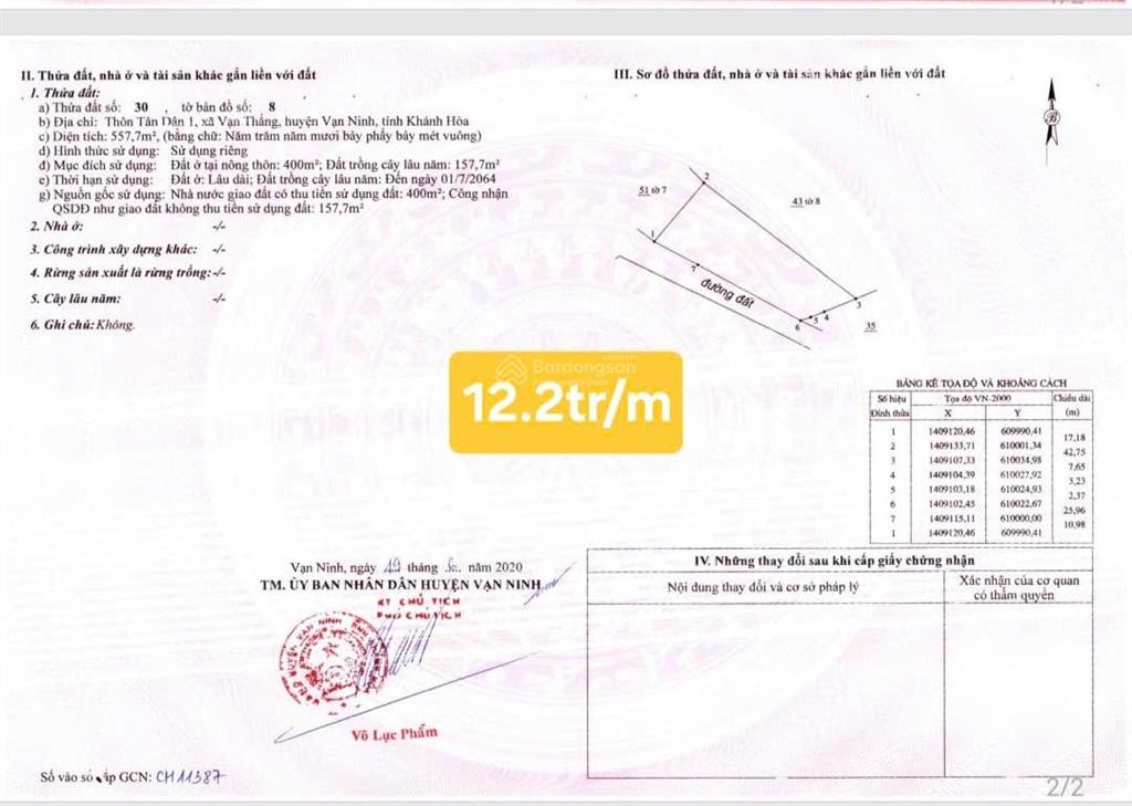 Bán đất thôn tân dân 1 thổ cư tại xã vạn thắng giá đầu tư 12.2tr/m