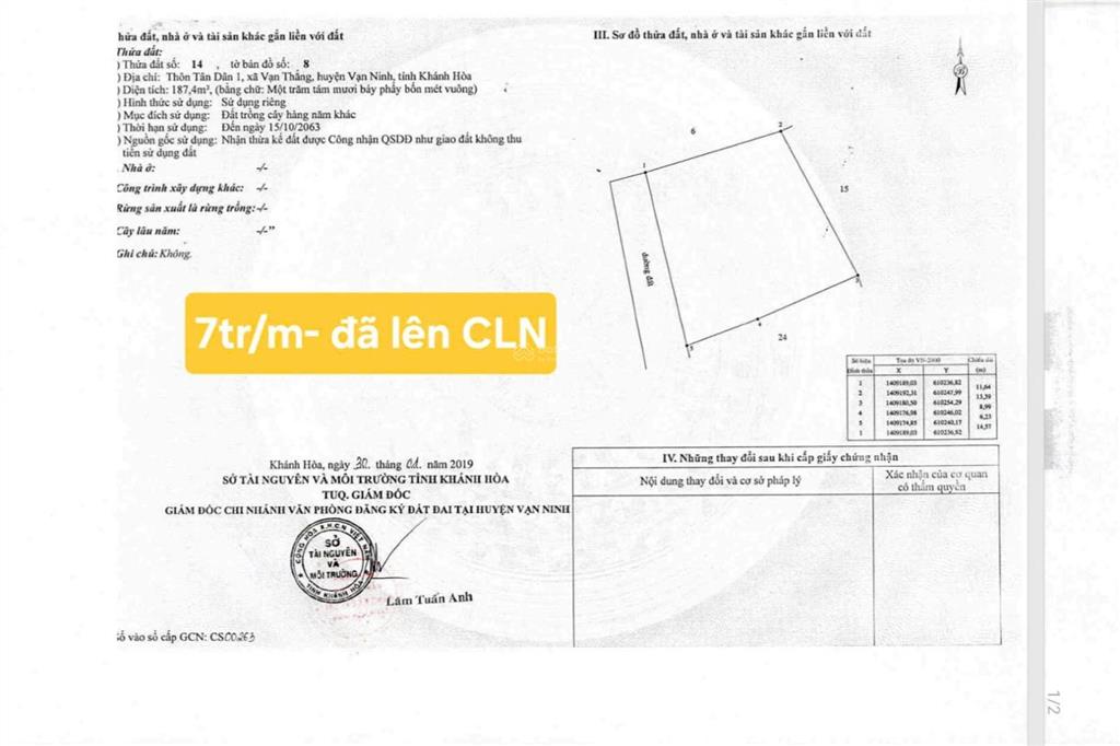 Bán đất vườn thôn tân dân 1 tại xã vạn thắng  diện tích 187,4m2 (đất trồng cây lâu năm)