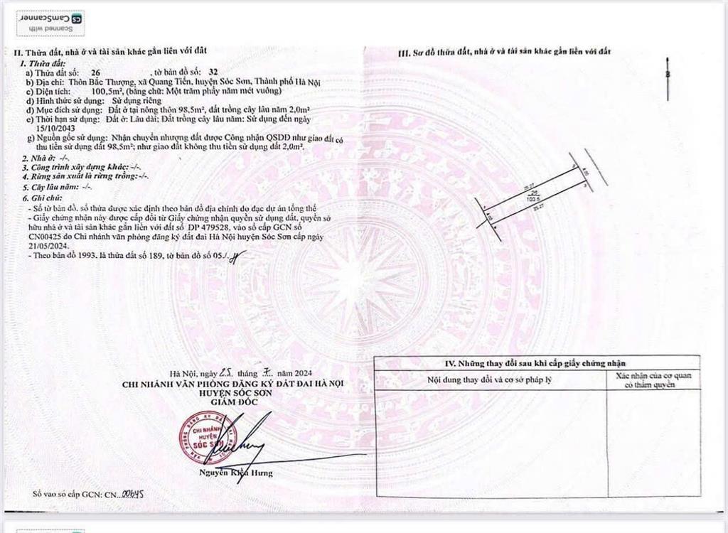 Bán lô đất tại bắc thượng, sóc sơn. diện tích 100.5m2, sẵn sổ, đường thông thoáng.
