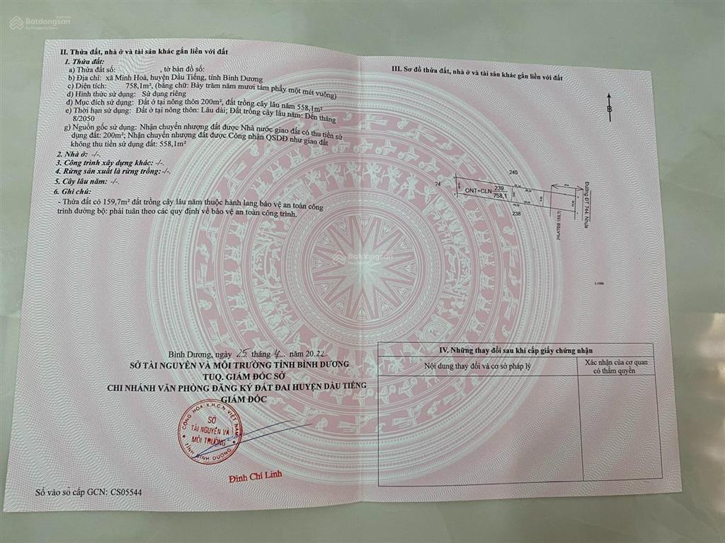 Chính chủ giảm giá bán nhanh lô đất mặt tiền 758,1m2 đường đt 744, dầu tiếng, bình dương