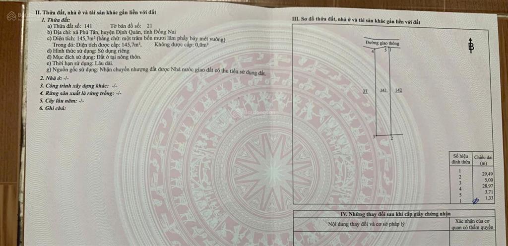 Lô đất cần bán thuộc xã phú tân (nay là phú vinh), định quán, đồng nai  145,7m2  oto thông.