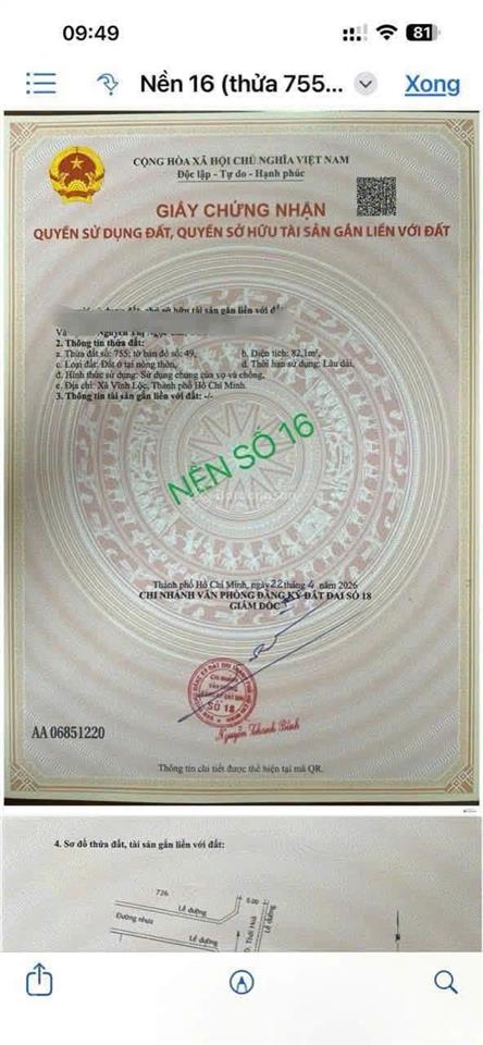 Đất đã có sổ hồng riêng đường thới hòa, vĩnh lộc, giá siêu hời 3,45 tỷ  85m2