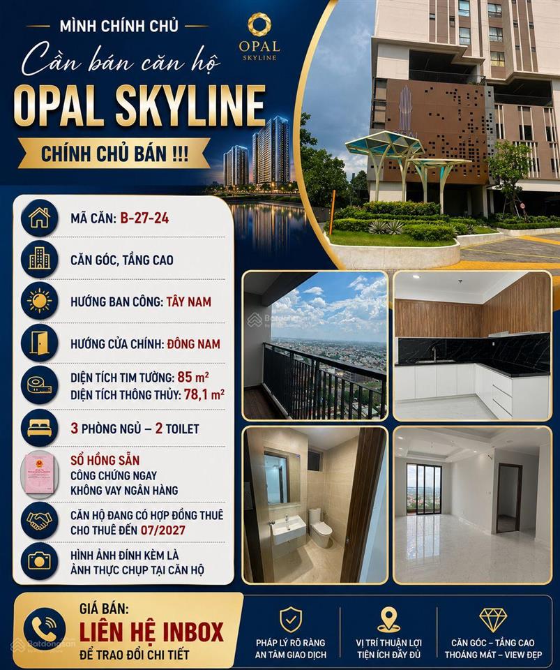 Chính chủ bán  opal skyline  3pn  căn góc  85m²