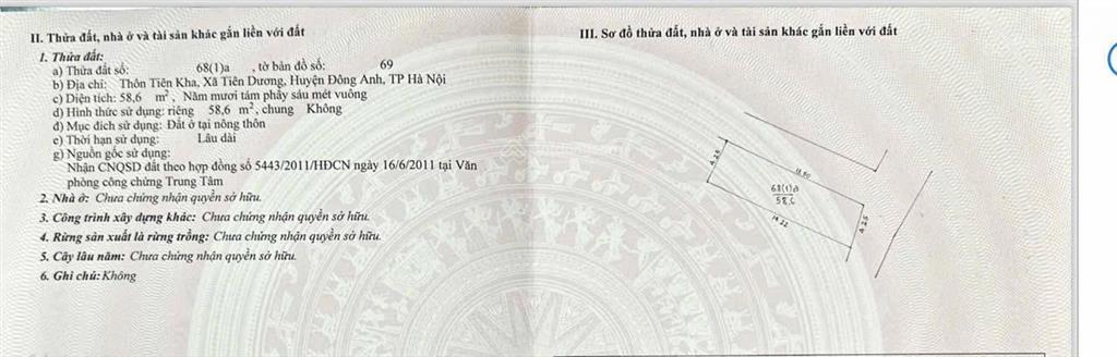 Bán đất thổ cư diện tích 58.6m tại tiên kha phúc thịnh hà nội