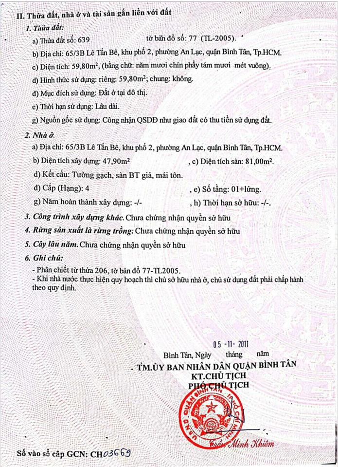 Chính chủ bán nhà sổ hồng riêng an lạc, bình tân ~59.8m2 giá 3,15 tỷ