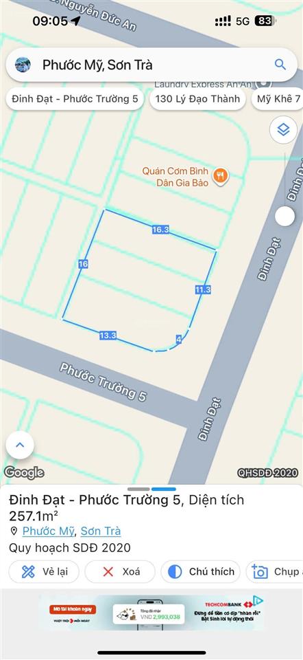 Bán đất 2 mặt tiền (dt 263m2) tại đinh đạt, phước mỹ, sơn trà, đà nẵng, 55 tỷ