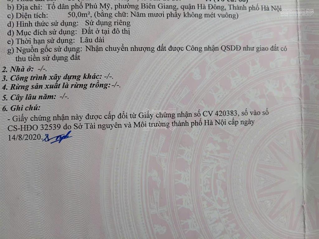 Bán đất 50m2, chính chủ tại phường biên giang, hà đông, hà nội
