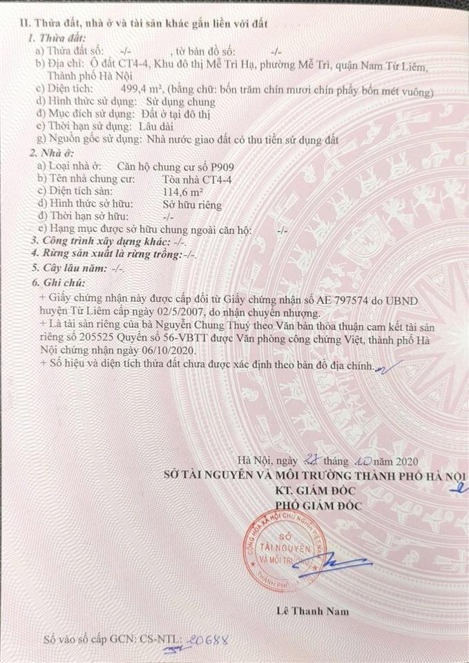 Chính chủ cần bán nhanh ch phòng 909 tòa ct44 mễ trì hạ, nam từ liêm, hn.
