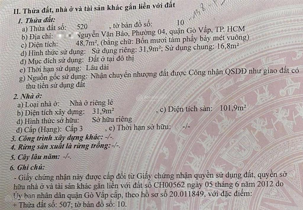 Bán nhà hẻm đường nguyễn văn bảo q. gò vấp, ngang 4,07m, 3 lầuthượng, gần trường đh giá 6,3 tỷ