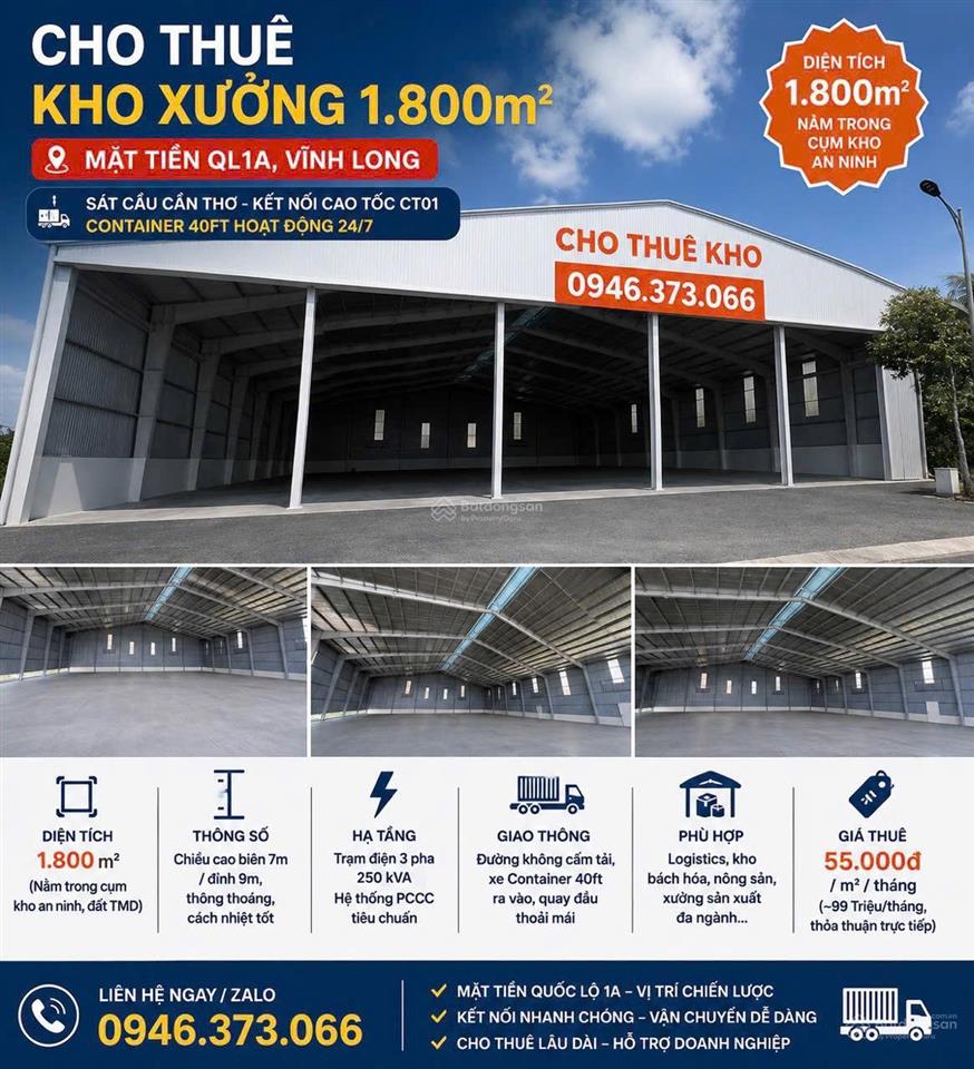 Cho thuê kho xưởng vip 1800m² ql1a bình minh, vĩnh long  container chạy 24/7