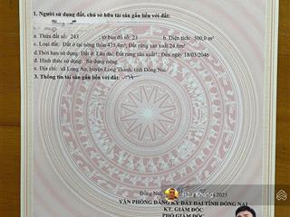 Xã long thành  dt 500m2 có sẵn 475.4m2 thổ cư hẻm nhựa 1/ xẹc 51b  thích hợp đầu tư  kho xưởng