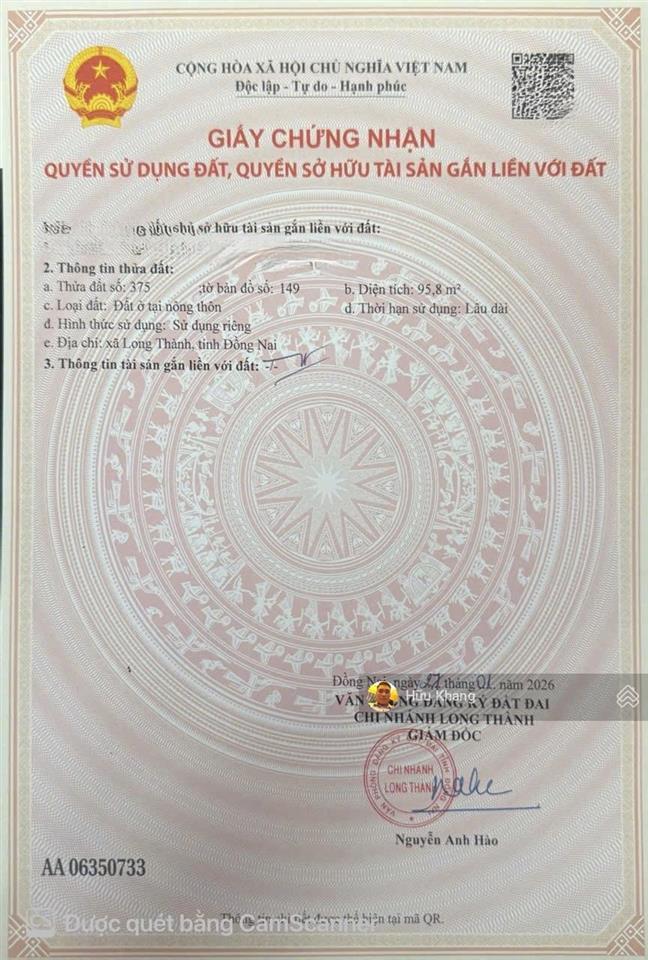 Xã long thành gần ngay dt769  gần ngay 248ha đấu giá  dt 95.6m2 tc full  bán nhanh 1.8ty có bớt