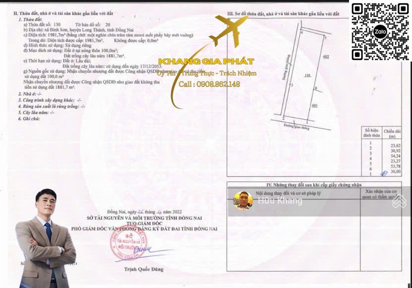 Thích hợp tách thửa nhỏ xã long thành góc hai mặt tiền dt 1981m2 tc 100m2 sát bên stc long thành