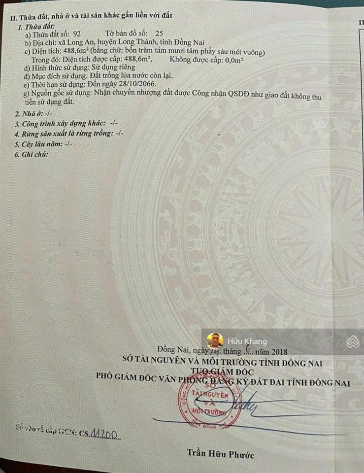 Xã long thành dt488.6m2 đất luk , quy hoạch đất ở  dân cư đông đúc đường bê tông xe otogiá ngộp