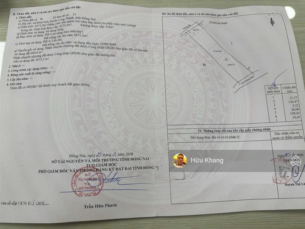 Xã long thành kèo thơm 4273.5m2 có thổ cư 600m2 sát ngay đường dt769  mặt tiền nhựa 8m đường thông