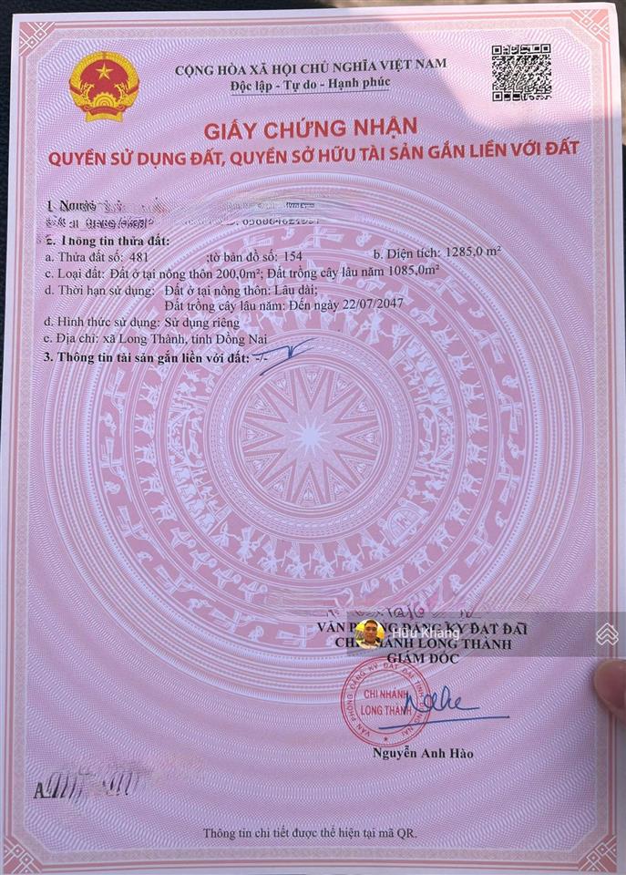 Xã long thành sát ngay stc dt 1285m2 tc 200m2  mặt tiền nhựa chính cách dt769 chỉ 80m  hàng hiếm