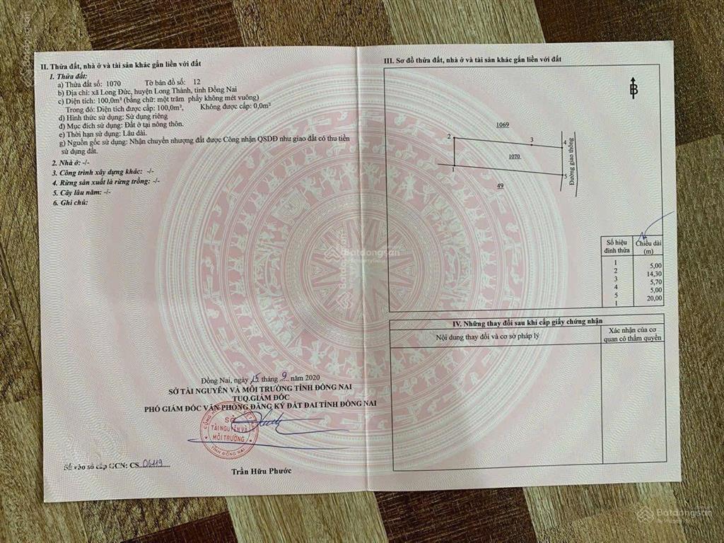 Đất xã long đức sát ngay kcn long đức dt 100m2 sổ riêng tc 100% giá ngộp 1ty350  đường bê tông 6m
