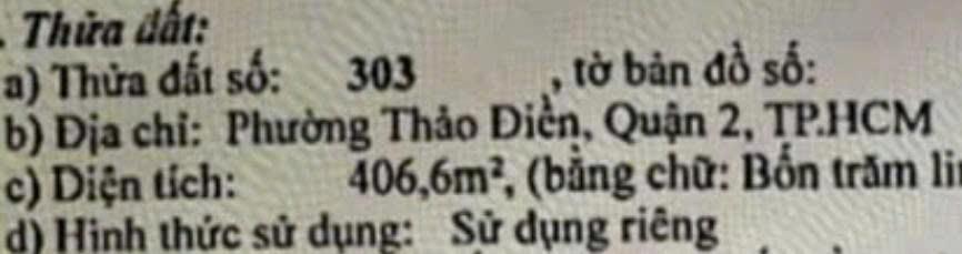 Thật 100% mặt tiền phường thảo điền, q. 2  dt 17x25m  cn 407m2  chỉ 40 tỷ~ 100tr/m2