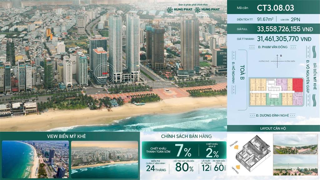 Căn góc 2pn view trực diện biển mỹ khê dt cho thuê 40  50tr/tháng, chiết khấu lên đến 7%