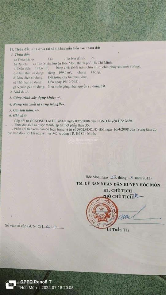 Chủ ngộp, bán nhanh lô đất 199m2 (cln), xã tân xuân, hóc môn