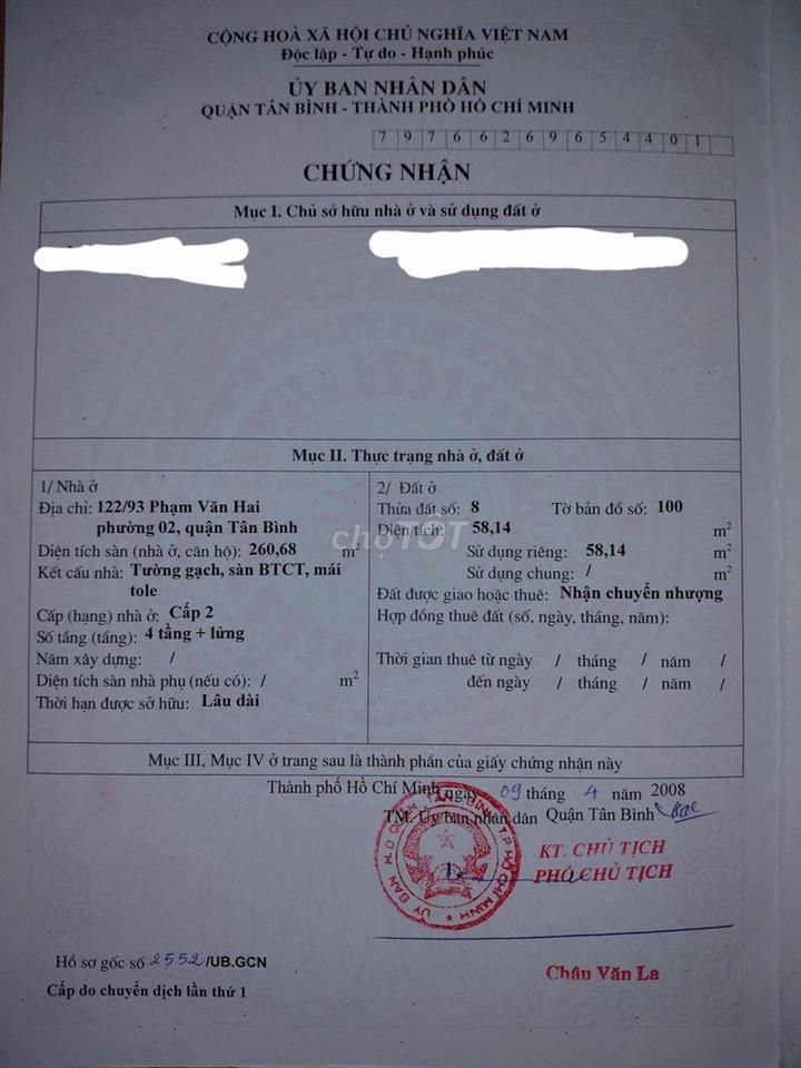 Bán nhà mặt tiền Ngô Thị Thu Minh sát chợ Phạm Văn Hai 