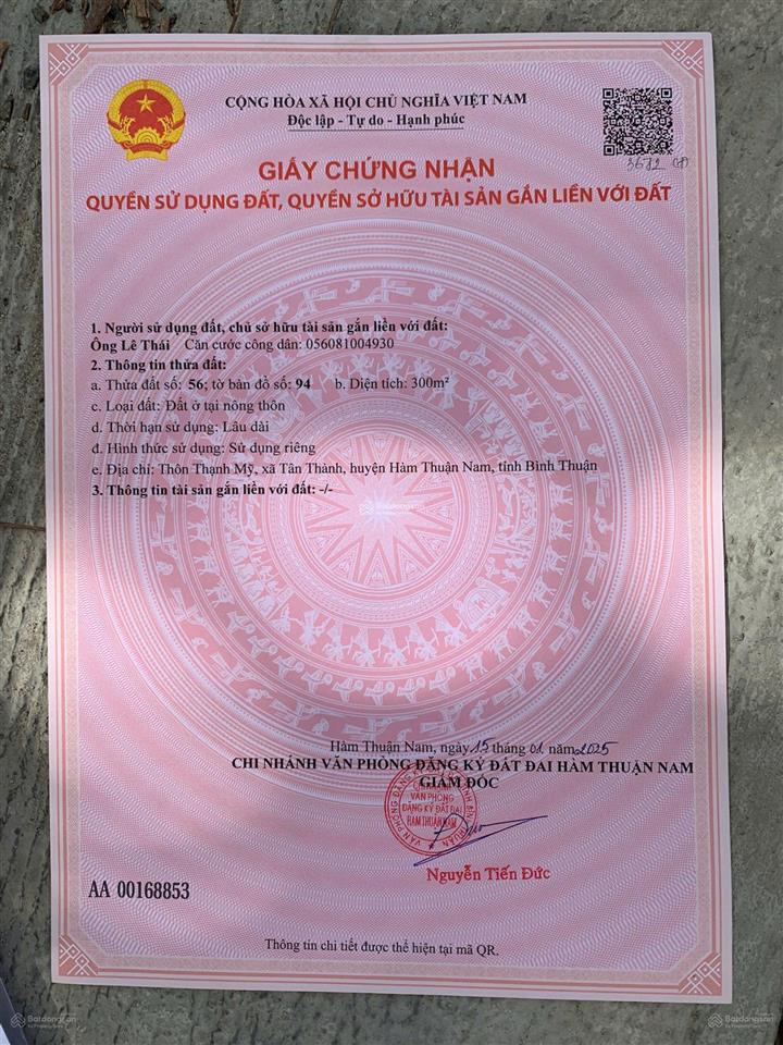 Cần bán đất mặt tiền đường nhựa, xã tân thành, hhtn, bt, dt 2077m2 qh đất ont 300m2 tc giá 6 tỷ