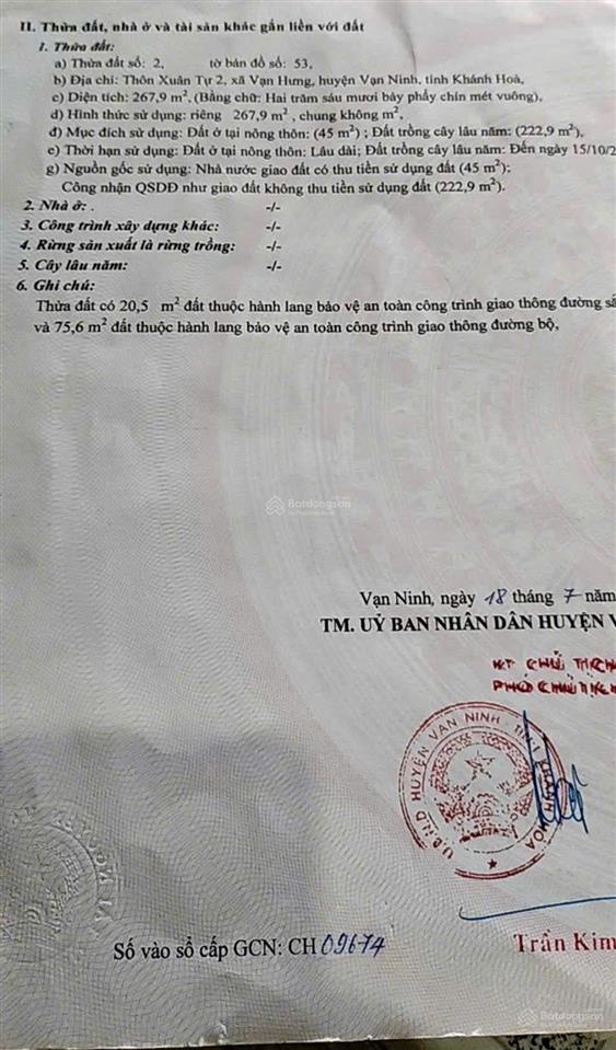 Bán đất vạn hưng 267,9m2 vạn ninh | giá chỉ 21 triệu/m2