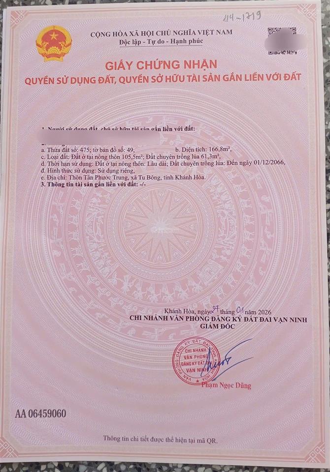 Bán đất tu bông 166,8m2 vạn ninh | giá chỉ 16 triệu/m2