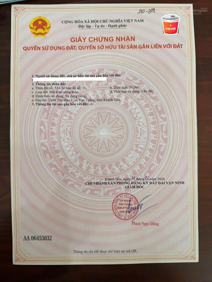Bán đất tân dân 76m2 vạn thắng | giá chỉ 18 triệu/m2