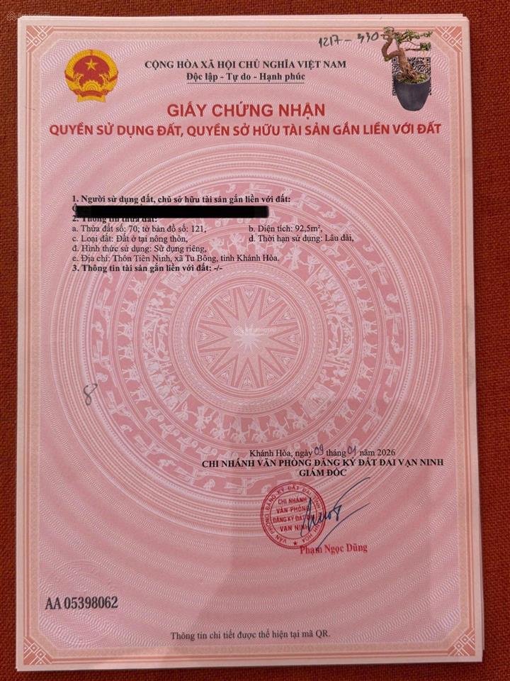 Bán đất tu bông 92,5m2 vạn ninh | giá chỉ 16 triệu/m2