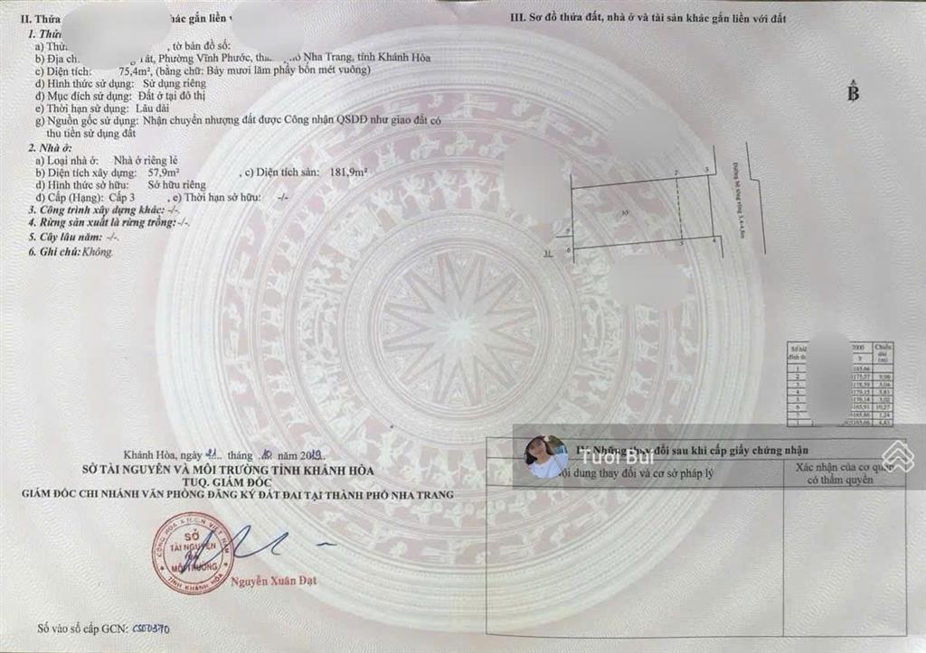 Bán nhà 3 tầng hẻm oto đặng tất, ngang 6m, dt 75m, cách bãi tắm hòn chồng 200m giá 9ty200 triệu