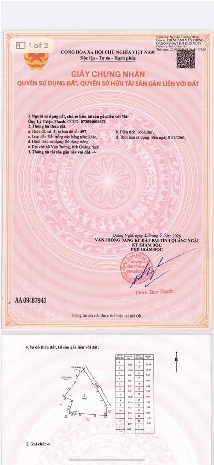 Bán 1668m2 đất gần biển vạn tường, huyện bình sơn, khu kinh tế dung quất, quảng ngãi