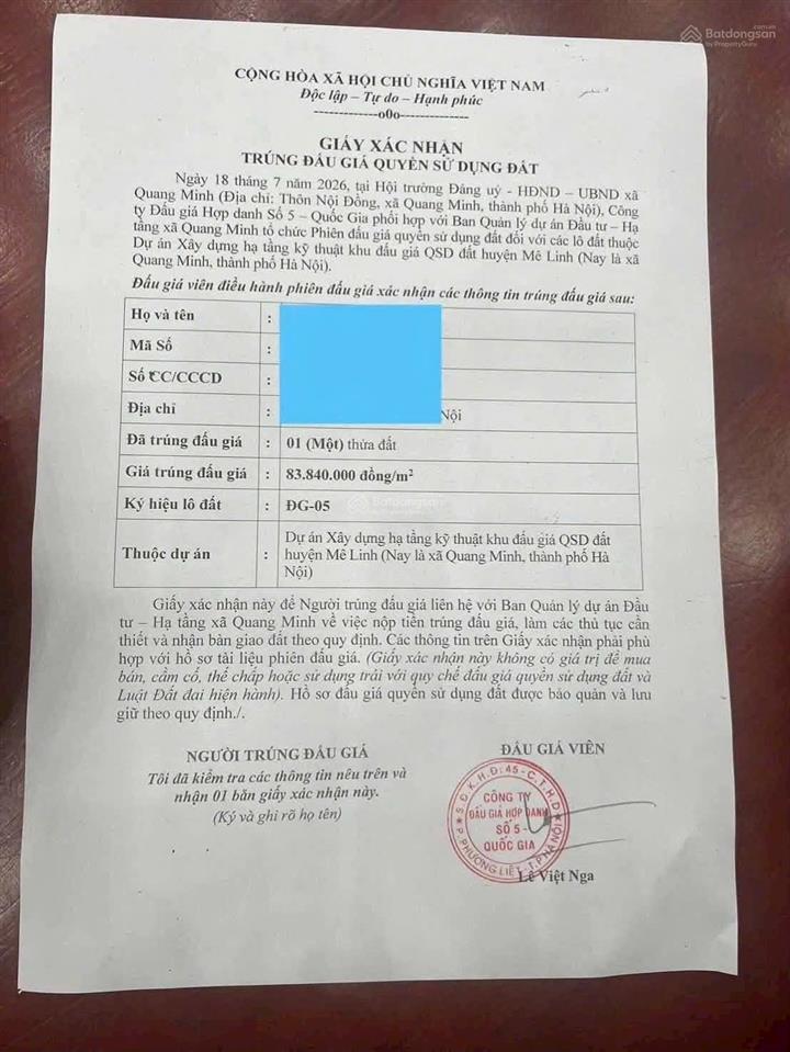 Bán đất đấu giá trung tâm hành chính xã quang minh