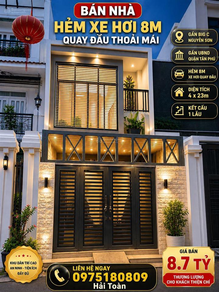Bán nhà hẻm xe hơi 8m quay đầu thoải mái ngay big c nguyễn sơn .q tân phú 4x23m 1 lầu giá  8,7 tl