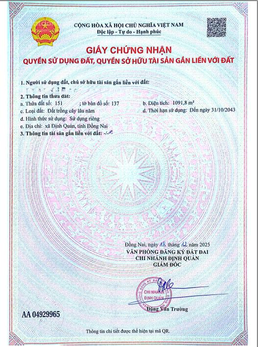 Bán lô đất vườn giáp thị trấn định quán 1091m2 (15mx82m) cách quốc lộ 20 900m chỉ 595 triệu