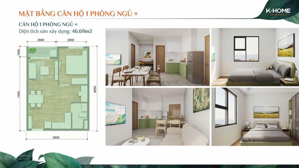 Căn hộ chung cư 1 phòng ngủ diện tích 46m2  thanh toán trước 200tr. nhận nhà full nội thất