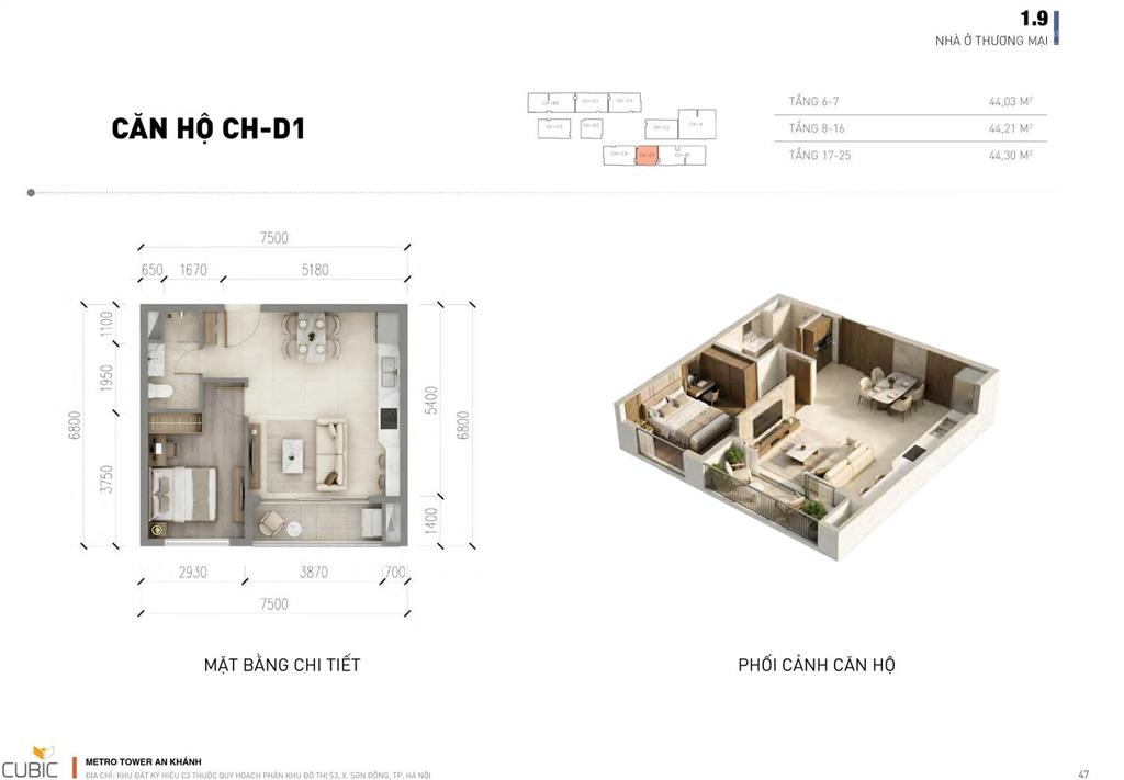 Cc metro tower an khánh, dự kiến 75 triệu / m2, 44.9m2, view đẹp