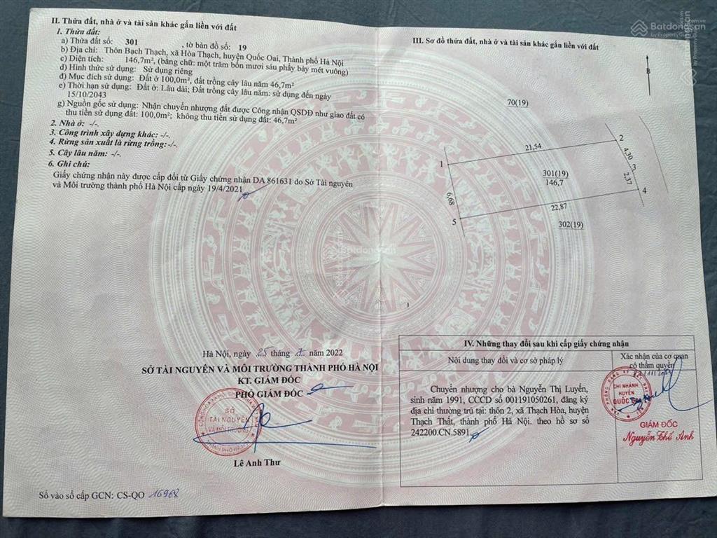 Cc gửi bán lô đất đẹp tài chính nhỏ chỉ 2,7tỷ có ngay 146,7m2 thổ cư 100m2 mt 6,67m ngõ thông ô tô