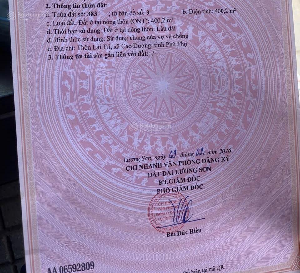 Đất đẹp tt xã cao dương (phú thọ) 400m2 full thổ cư cách vành đai 5 chỉ 800m, giá 2.2 tỷ