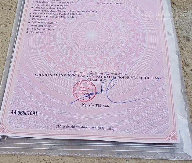 100m full thổ cư mt 5,8m sâu 16m đường ô tô chỉ 2 tỷ hòa trúc, phú cát, hà nội