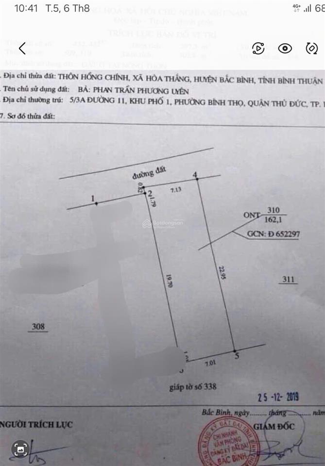 Bán đất thổ cư xã hòa thắng 163,2m2, giá chỉ 1,3 tỷ, sổ hồng sẵn