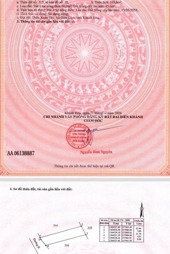 Chỉ với 230 triệu sở hữu ngay lô đất thổ cư diên khánh