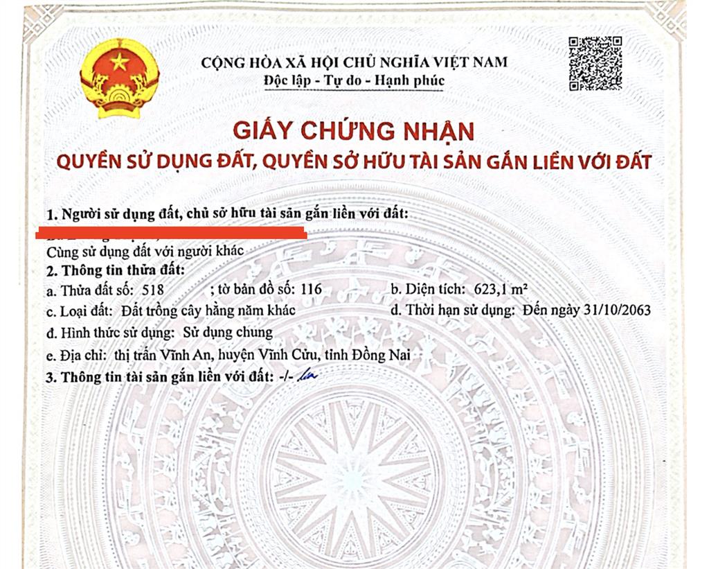 Bán đất chính chủ vĩnh cửu 623m2, ngay khu dân cư.