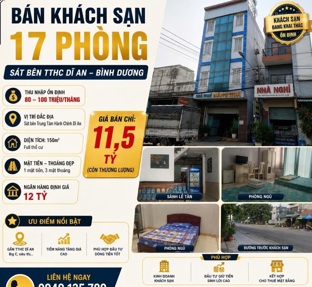 Khách sạn 17 phòng hoàn công trung tâm dĩ an, dòng tiền tốt, giá ngộp