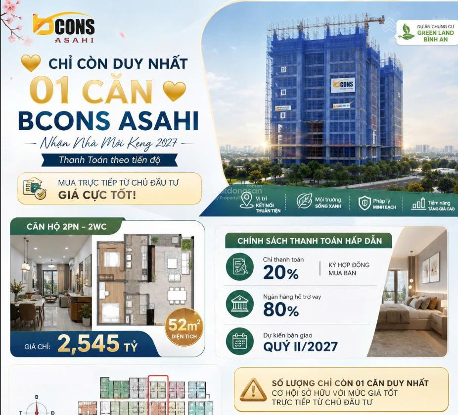 Bán căn hộ bcons asahi 2pn 2wc, 52m² giá gốc cdt